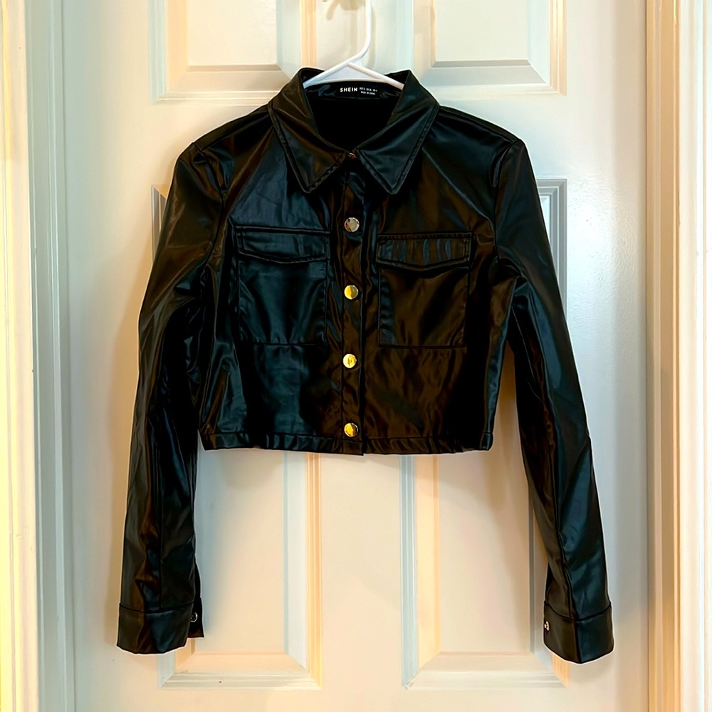 SHEIN Black Faux Leather Biker Jacket with Glossy Finish